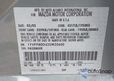 2003 Mazda Mazda6 S from USA, damaged, VIN 1YVFP80D435M35600